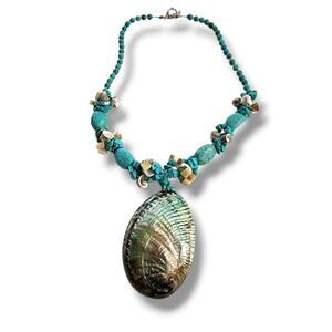 Hand Made Artisan Genuine Turquoise Blue Stone Abalone shell boho beach NECKLACE